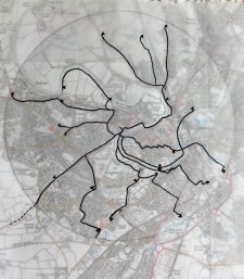 A walking web of routes with 15 minute and 30 minute radial points to be connected by walking as close to a straight line as possible
